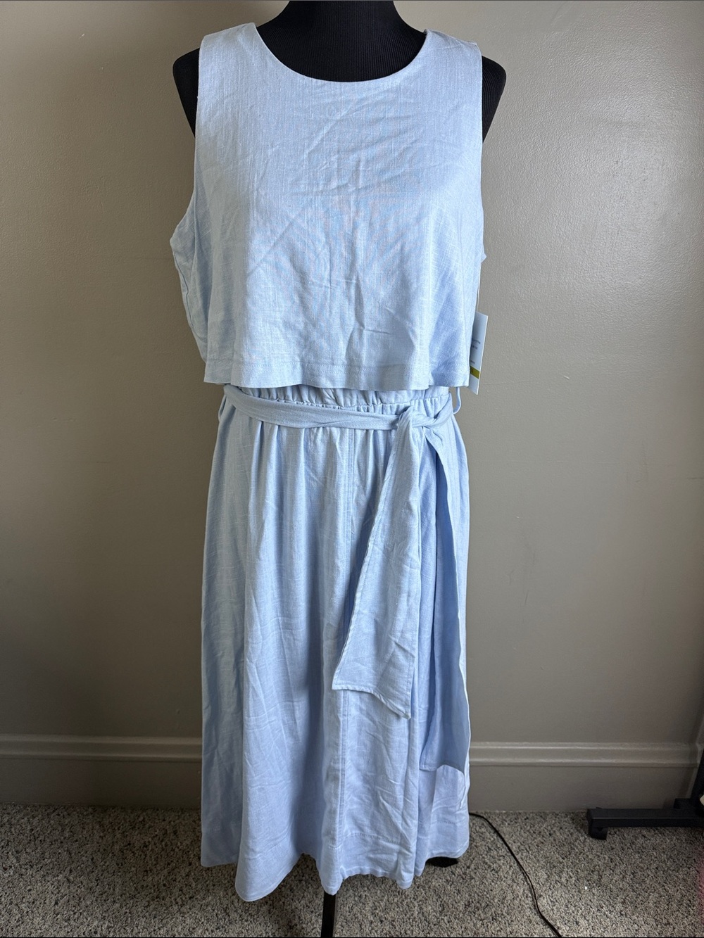 Maison Tara Light Blue Sleeveless Belted Popover Top Overlay Midi Dress 14 NWT